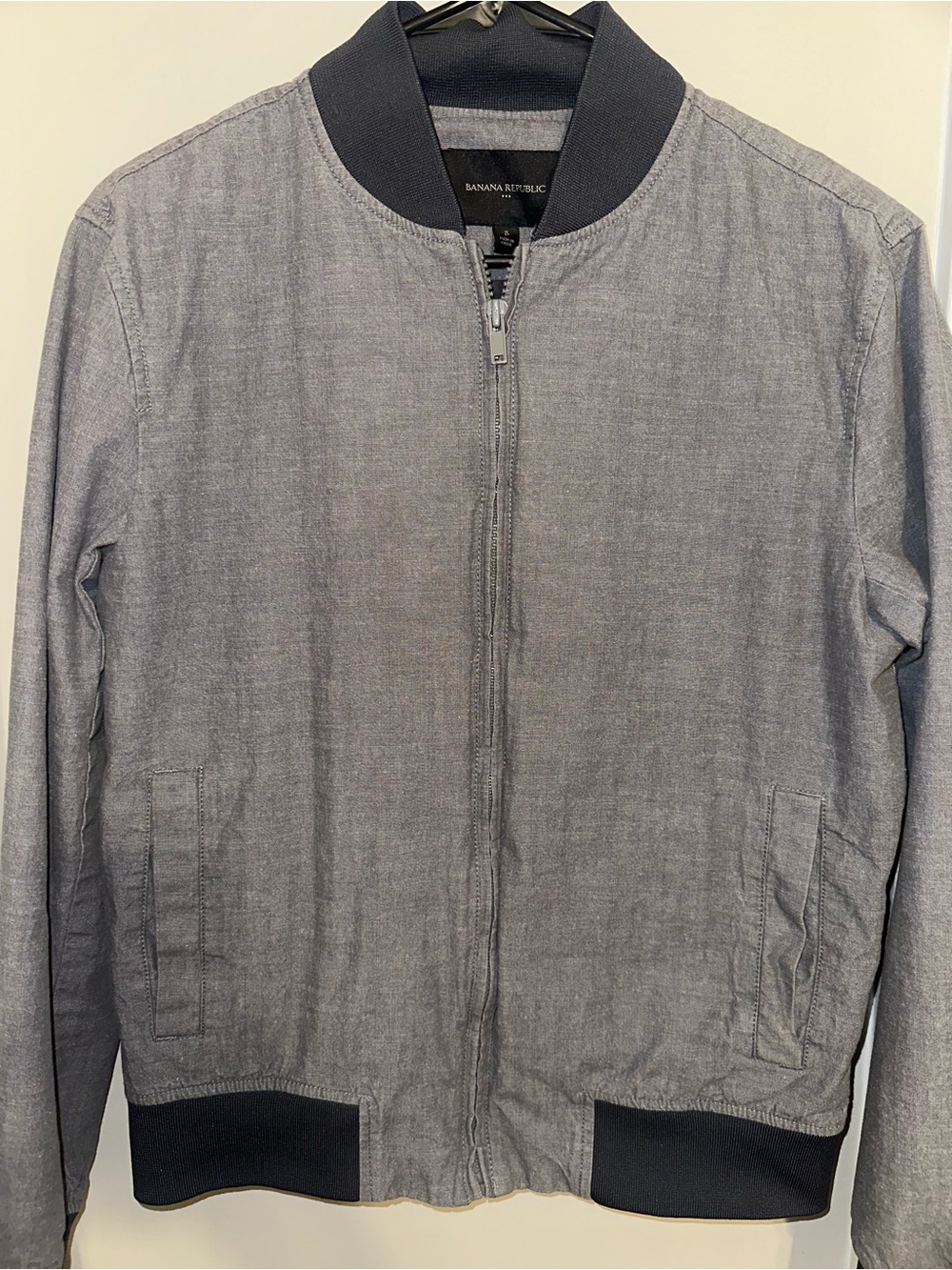 Banana Republic Men's Light Gray Bomber Jacket with Dark Trim